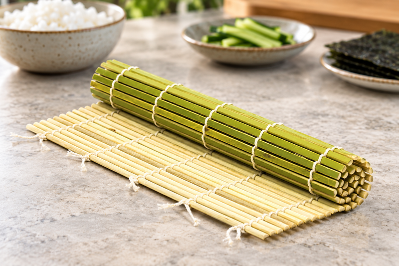 SM34-11 green bamboo sushi mat on a preparation counter