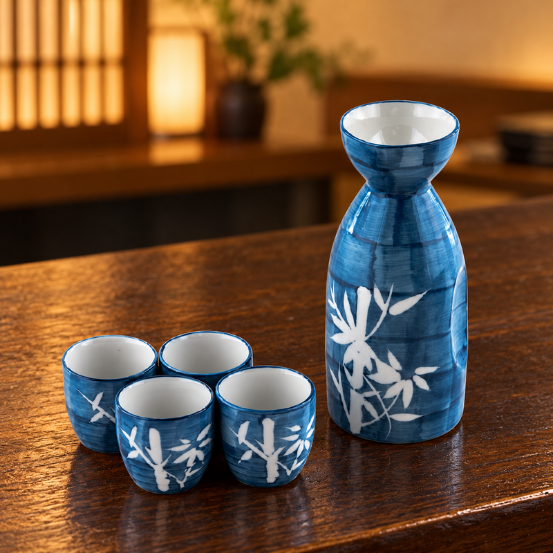 TSS1-301 white-bamboo sake set with one bottle and four cups on a counter