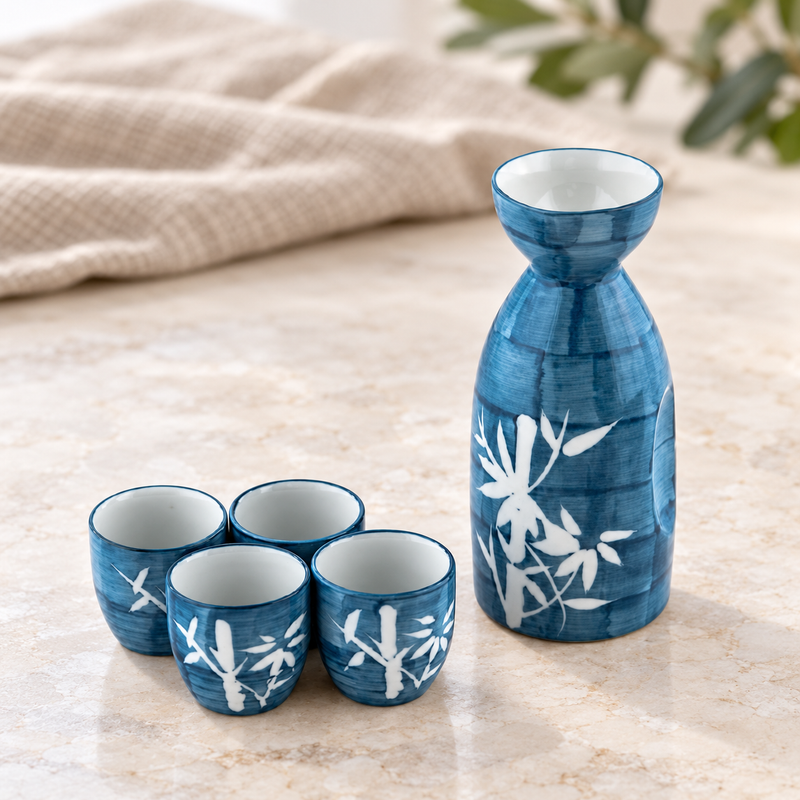 TSS1-301 blue ceramic sake bottle and four matching cups at the table