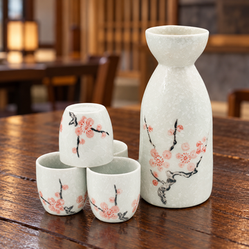 TSS1-731 pink blossom sake set, one bottle and four cups, on a wooden restaurant table