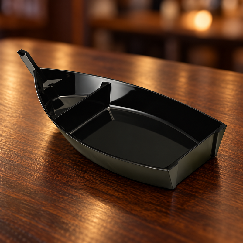 TZ901-B black boat-shaped plate in a tabletop serving arrangement