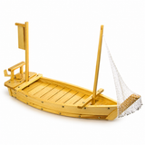 W004-120 wooden sushi boat with net from a raised side view