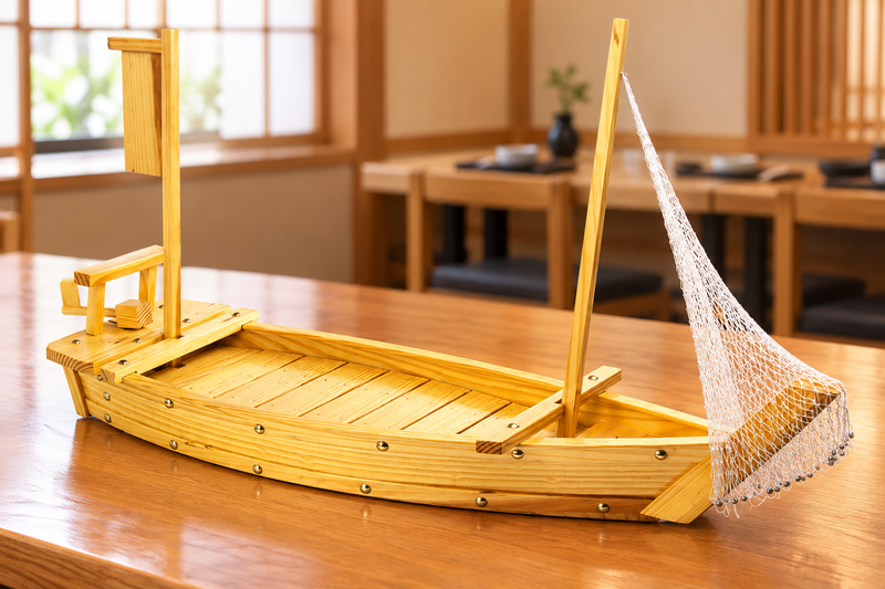 Large wooden sushi boat with decorative net on a restaurant table