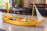 W004-120 wooden sushi boat presenting sushi on its central deck in a restaurant