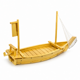 W004-75 wooden sushi boat with net from an elevated angle
