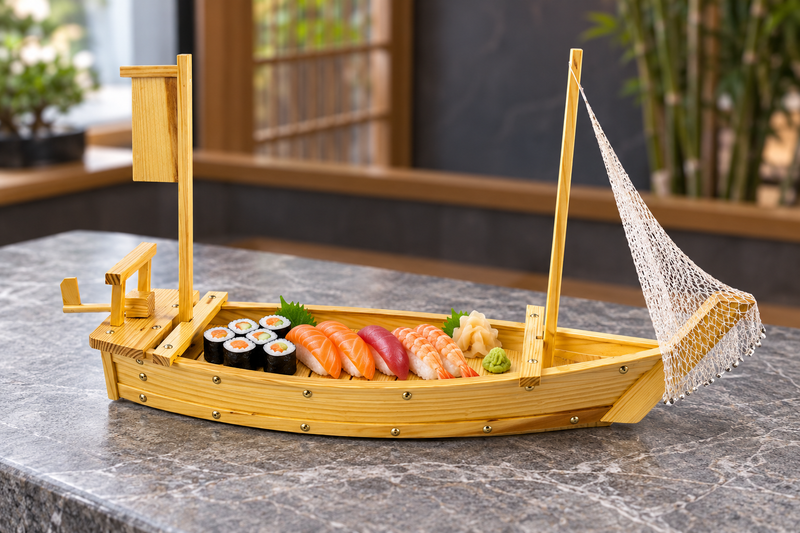Wooden sushi boat with net presenting rolls and nigiri