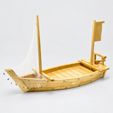 W005-75 wooden sushi boat with net and blank banner viewed from an elevated angle