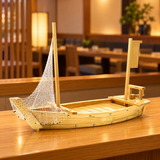 W005-75 wooden sushi boat with net and blank banner displayed empty on a wooden restaurant counter