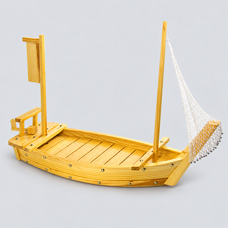 Elevated view of the wooden sushi boat showing the slatted deck, studded sides, net and rear platform