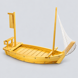 W005-90 wooden sushi boat with net and blank banner viewed from an elevated angle