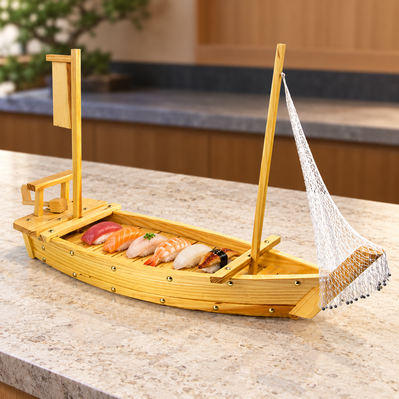 36-inch wooden sushi boat arranged with sushi on a serving counter