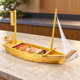 W005-90 wooden sushi boat with net and blank banner with nigiri on a stone sushi counter