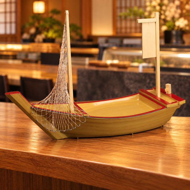 WM851 natural-tone plastic sushi boat in a dining setting