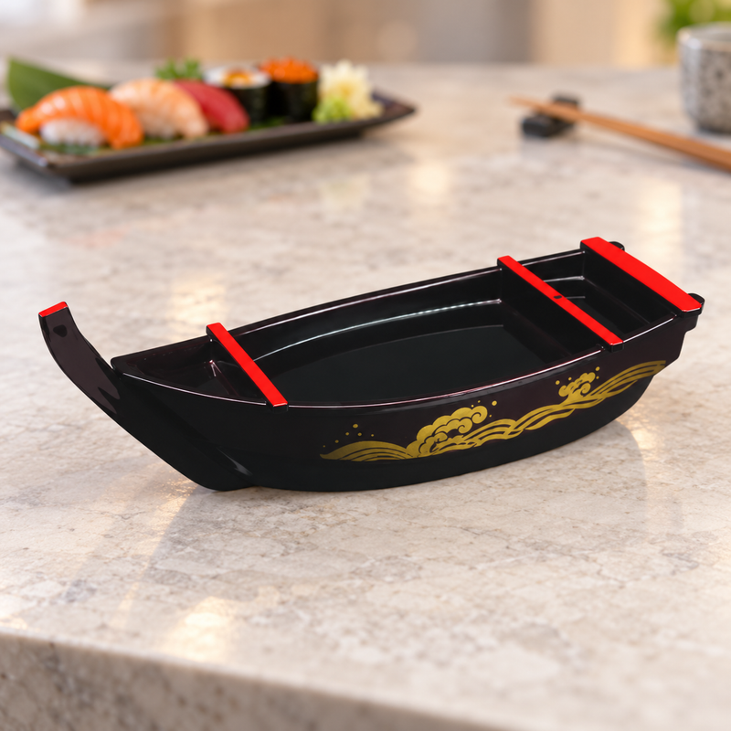 WM874 low-profile burgundy sushi boat on a dining table