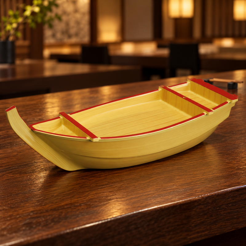 Natural-yellow WM875 sushi boat with red trim on a restaurant counter