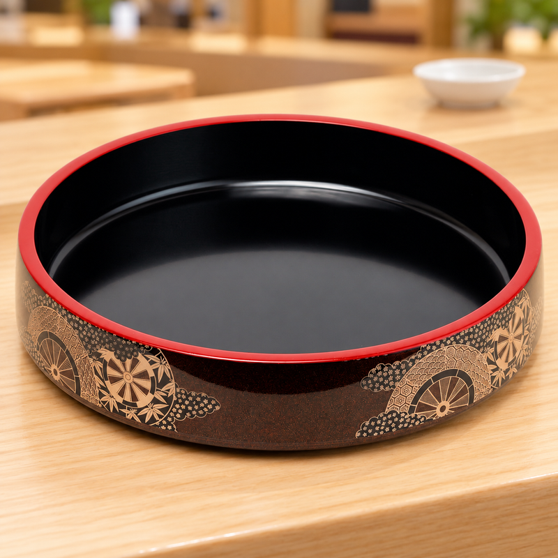 WO-17-9 brown decorated round sushi oke in a counter setting