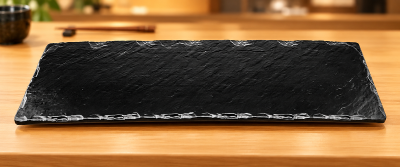 YG-1015MB matte-black slate-style platter on a restaurant counter