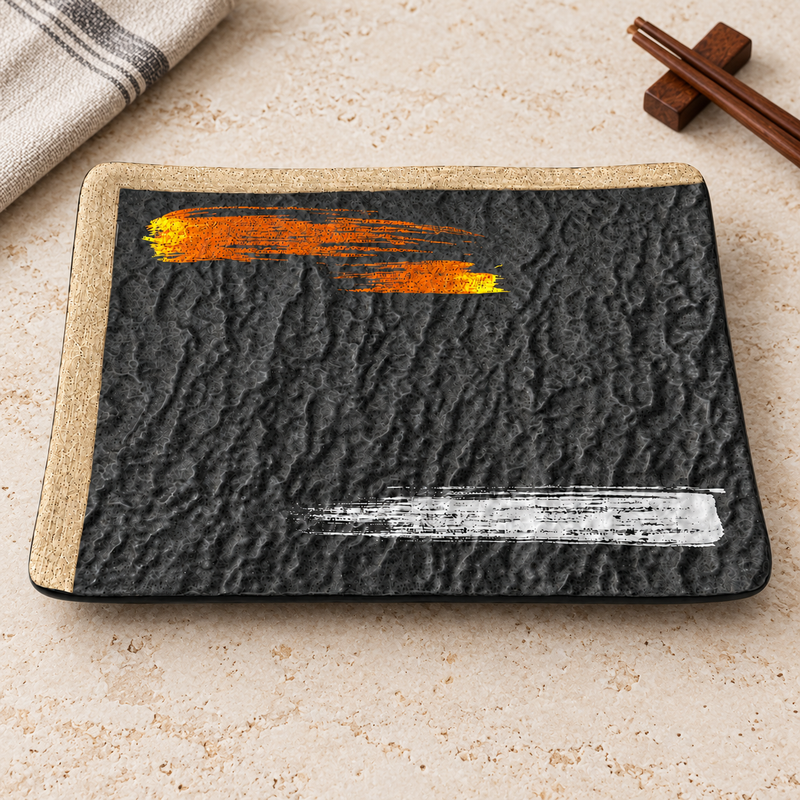 Empty YG-5007BP black textured plate with orange and white marks on a tabletop