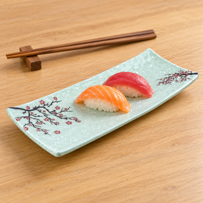 YG-5310PB mint-green floral plate with two pieces of sushi