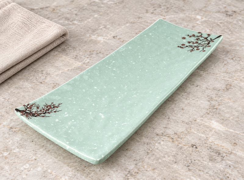 YG-5312PB mint-green floral rectangular platter at a table
