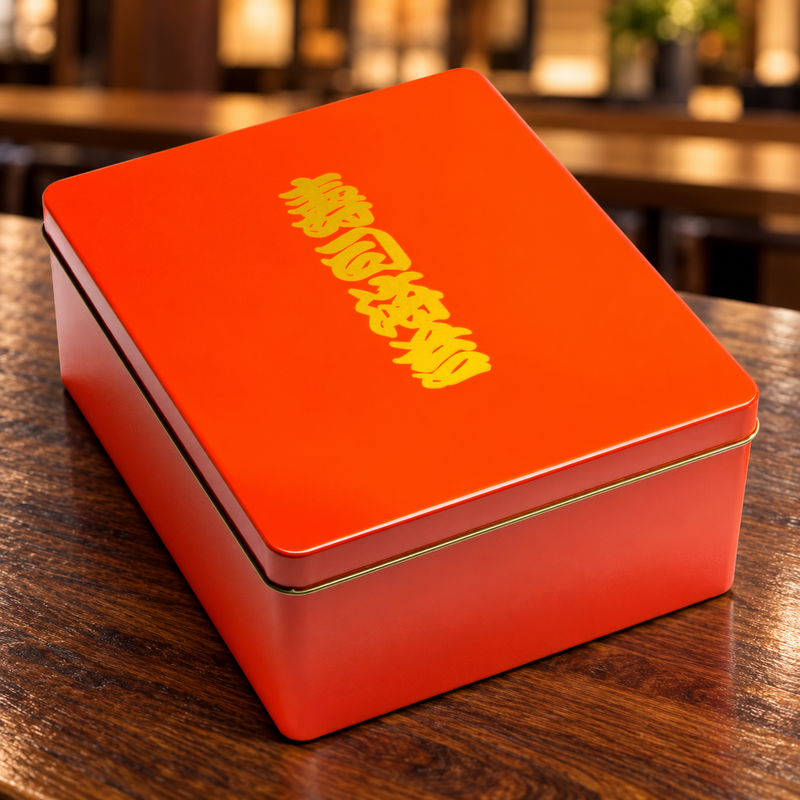 Closed red NC-4 nori container with gold Japanese lettering on a preparation counter