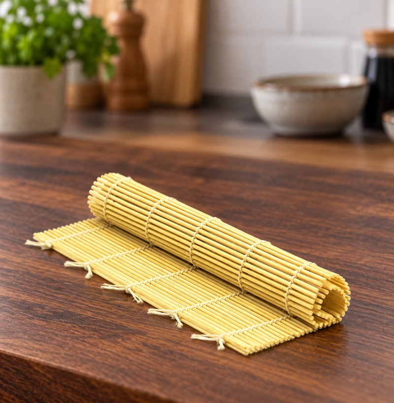 SM34-5 bamboo rolling mat at a sushi preparation counter