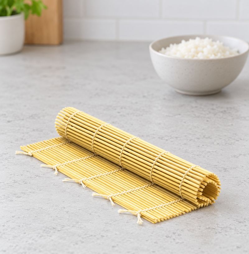 Light bamboo SM34-5 rolling mat on a wooden tabletop