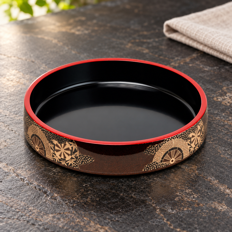 WO-17-6 decorated round sushi oke on a stone tabletop