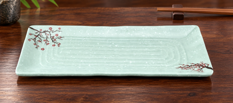 YG-5612PB mint-green melamine plate with its red blossom motif on a counter