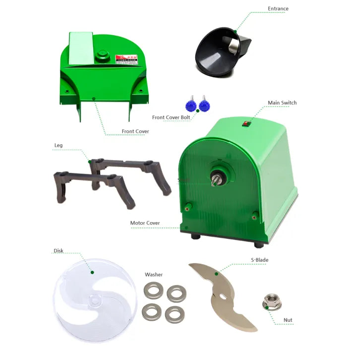 SY-1610 parts layout showing the inlet, front cover, disc, washers and S-blade