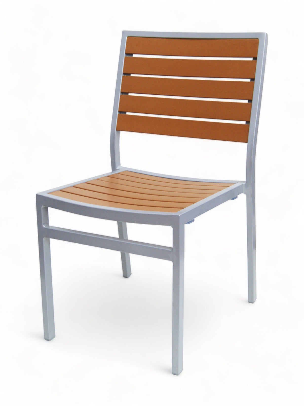 Teak-Look Stackable Indoor/Outdoor Chair with Silver Aluminum Frame