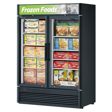 Turbo Air TGF-47SD-N black cabinet option with two glass doors and illuminated top sign panel