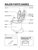 Zojirushi THA-603S and THA-803S manual parts diagram showing the removable inner pan and lid, latch, handles, power cord, operating lamp and included spatula.