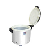 Thunder Group SEJ22000 stainless steel rice warmer with its hinged lid open and inner pot fitted