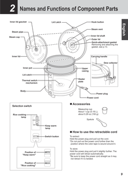 Tiger JCC-2700 U.S. manual parts diagram showing the inner pot and lid, steam cap, dew collector, cooking switch, measuring cup and retractable cord.