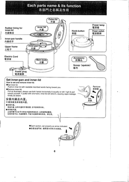 Tiger JHC-72UA / JHC-90UA manual parts diagram showing the removable inner pan and lid, power switch, cord and included scoop.