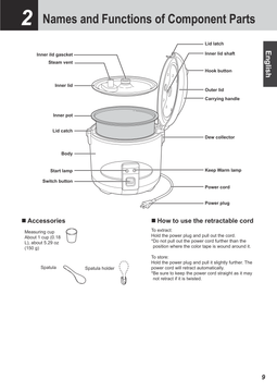 Tiger JNP-S U.S. manual parts diagram showing the inner pot and lid, steam vent, dew collector, cooking switch, rice measure, spatula holder and retractable cord.