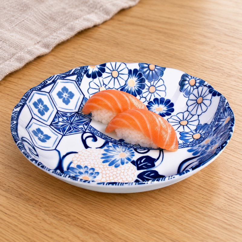 TN28-AS blue floral patchwork deep plate with salmon nigiri