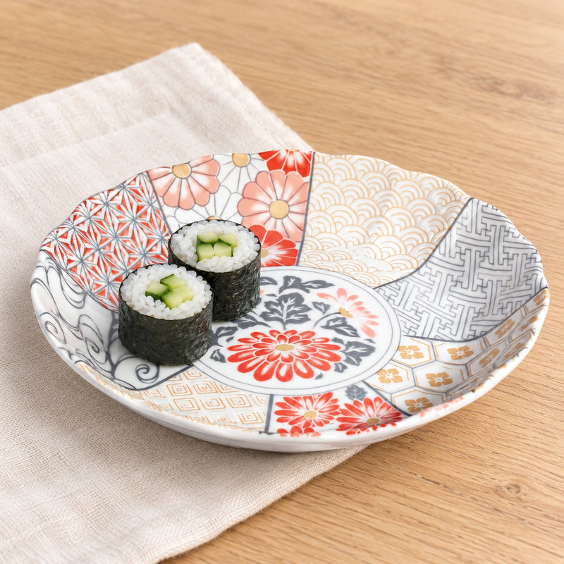 TN28-MS coral floral patchwork deep plate with cucumber maki