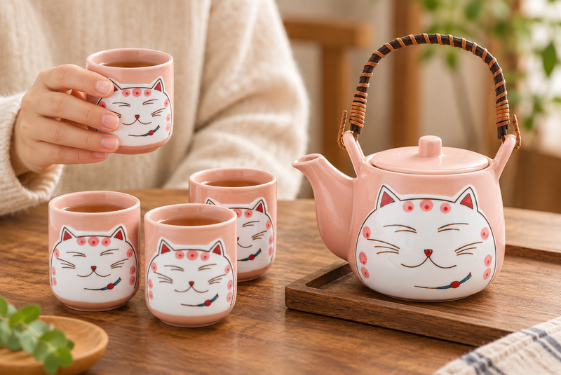 Pink smiling-cat teapot and four cups during shared tea service