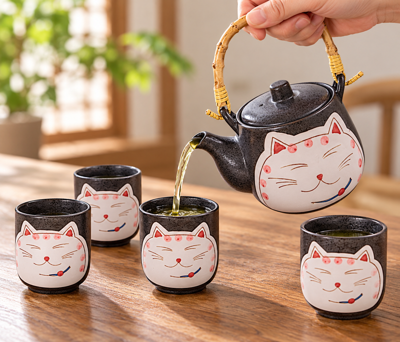 Dark smiling-cat teapot pouring into one of four matching cups