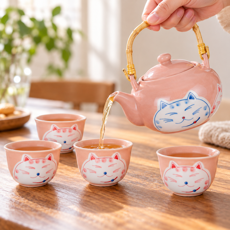 Pink rounded cat teapot pouring into one of four matching cups