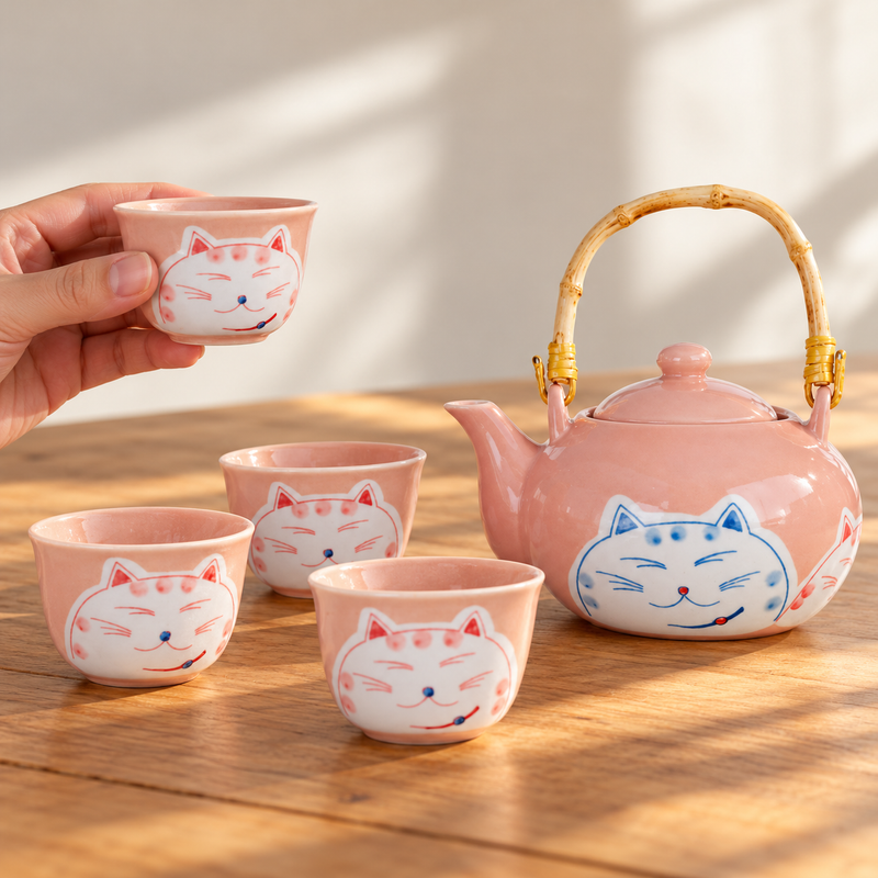 Pink rounded cat teapot with four cups during tea service