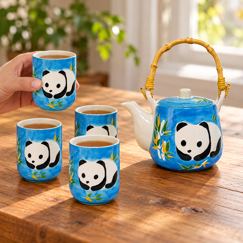 Blue panda teapot and four cups during shared tea service
