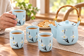 Pale blue blossom teapot and four cups with one cup held