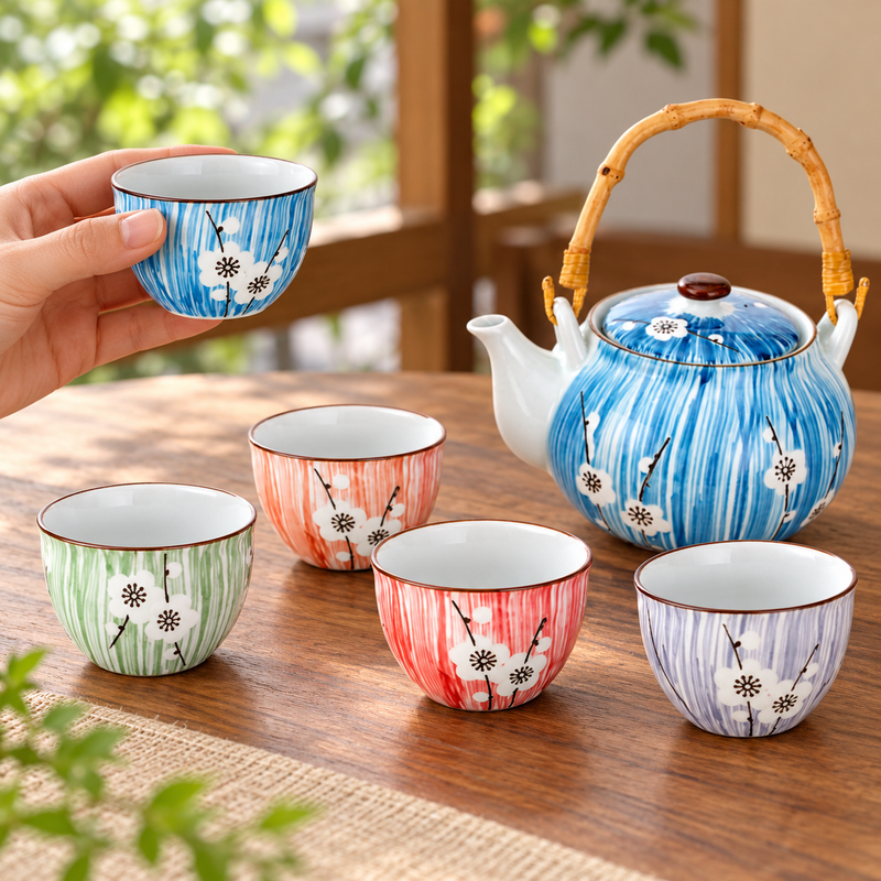 Blue blossom teapot with five differently colored cups, blue cup held