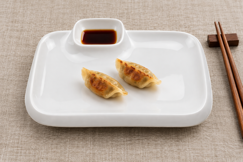 White rectangular porcelain plate with two gyoza and soy sauce in the raised square saucer area.