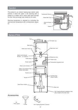 Taiji TS-2 operating diagram showing indirect heating, sake tank, water-level indicator, nozzle and supplied accessories
