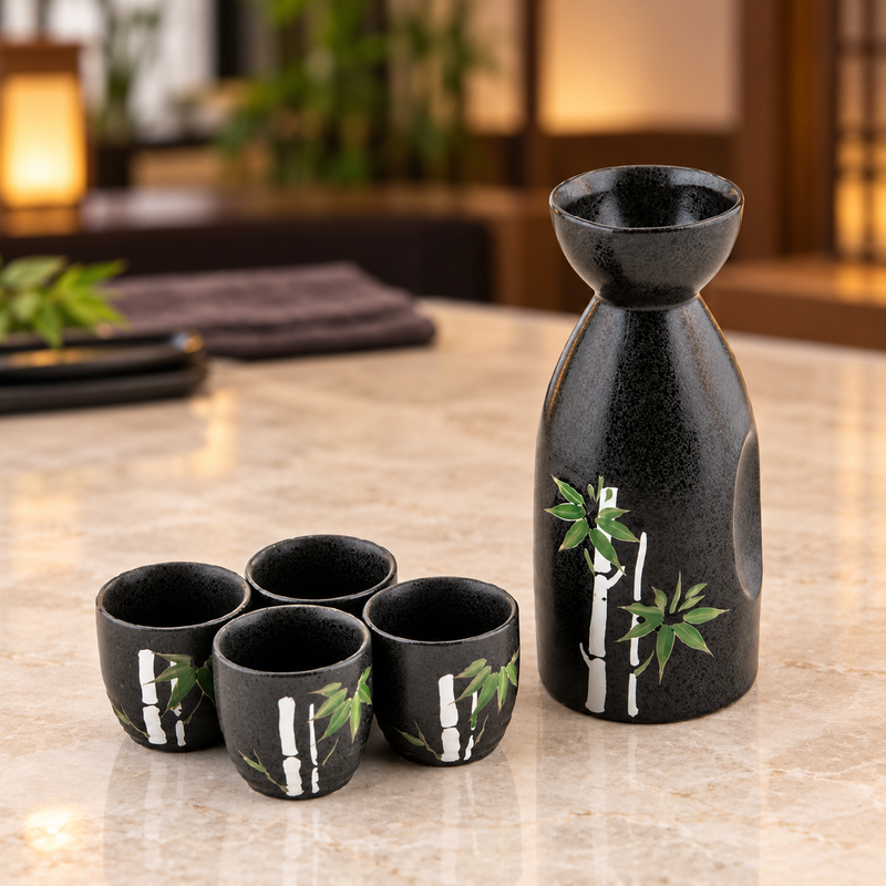 TSS1-300 ceramic sake bottle and four cups on a stone dining surface