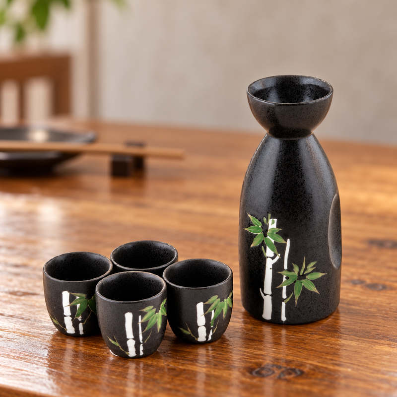 TSS1-300 black bamboo sake set with one bottle and four cups on a wooden table